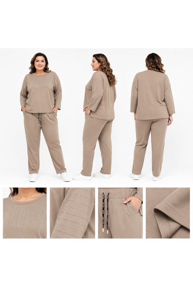 Plus Size Women's Oversize Full Lycra Wide Fit Pocketed Lace-Up Stone-Embellished Trendy Crewneck Seasonal Bottom-Up Set