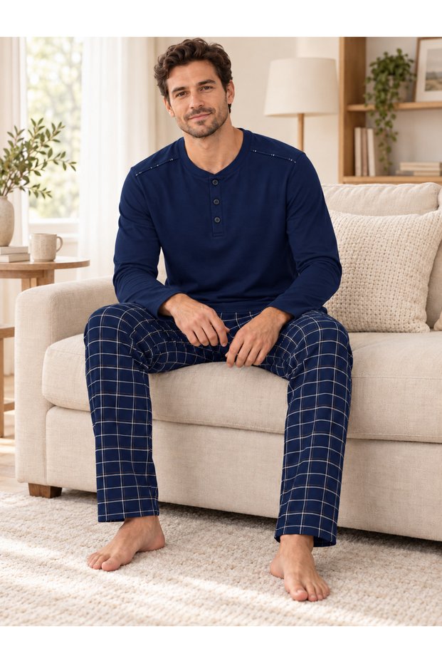 Men's Plaid Detailed Biskelet Collar Long Sleeve Cotton Pajama Set