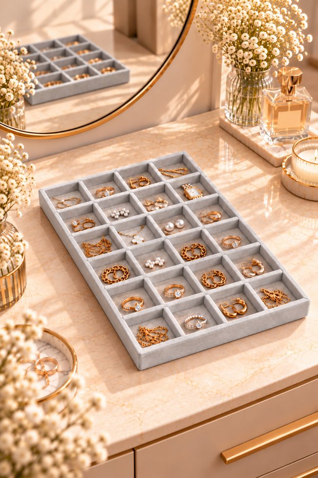 24 Compartment Suede Jewelry Organizer, Jewelry and Accessory Organizer for Inside Drawer