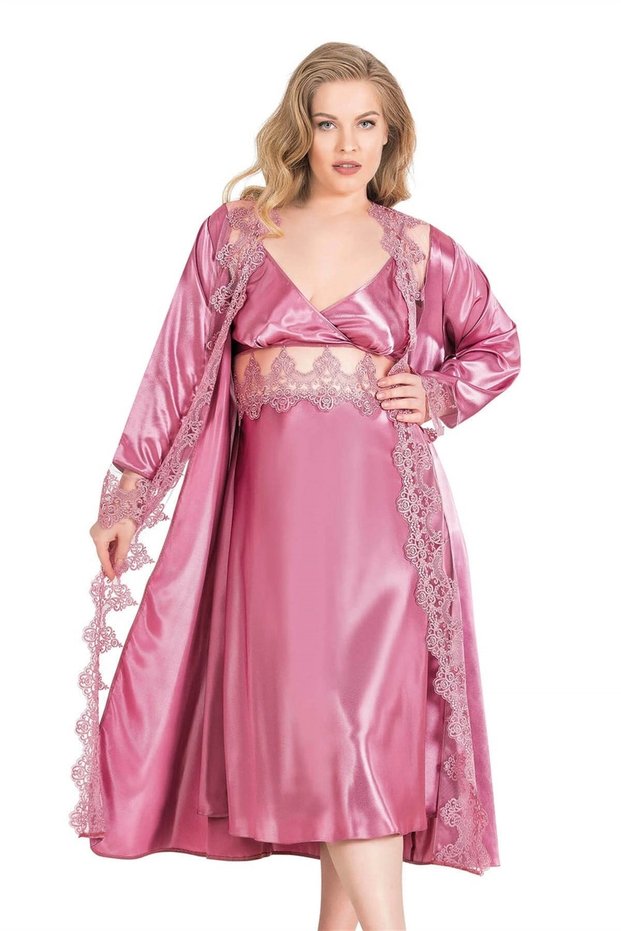 Premium Plus Size Dusty Rose Long Double Satin Robe Nightgown Set