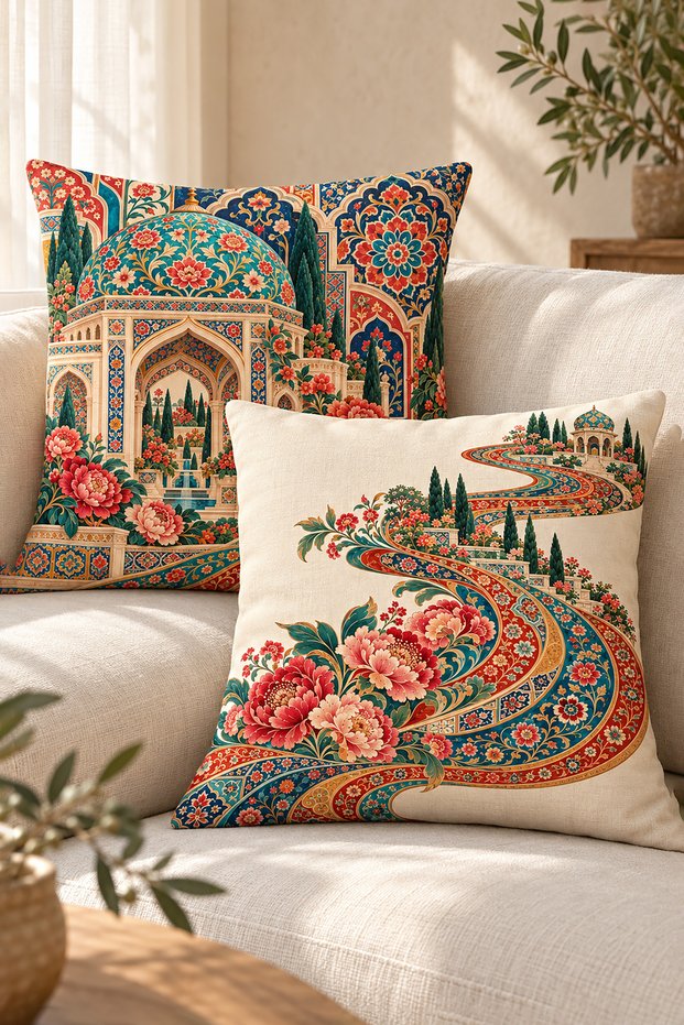 Palace Garden Tile and Floral Patterned Decorative Throw Pillow Cover Set of 2 – Turquoise Cream