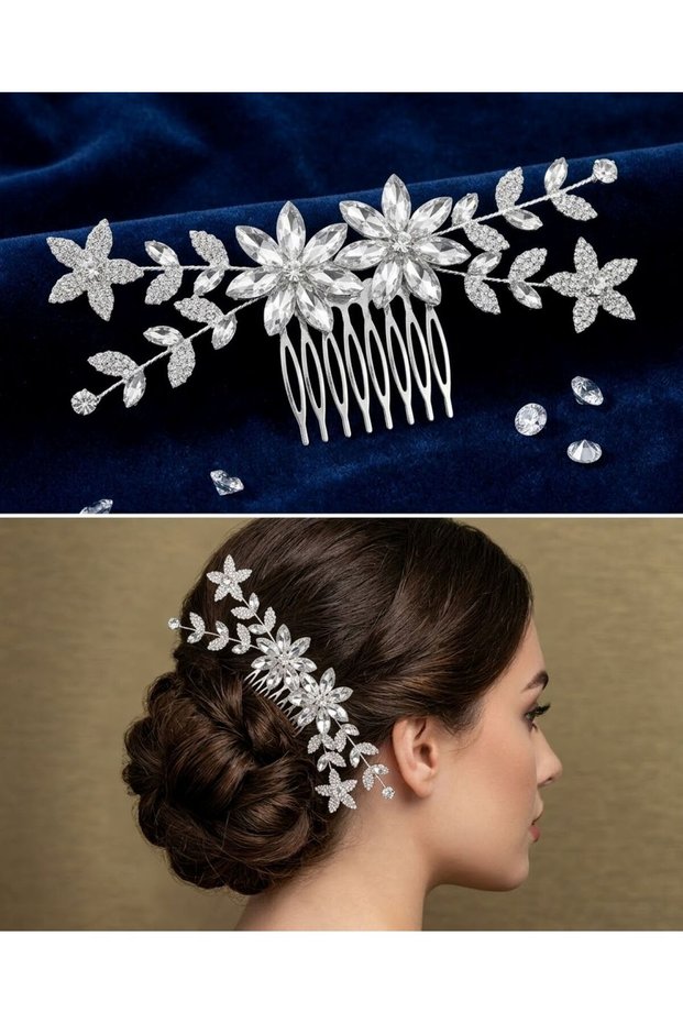 Stone-Embellished Evening Dress with Floral Side Comb Buckle