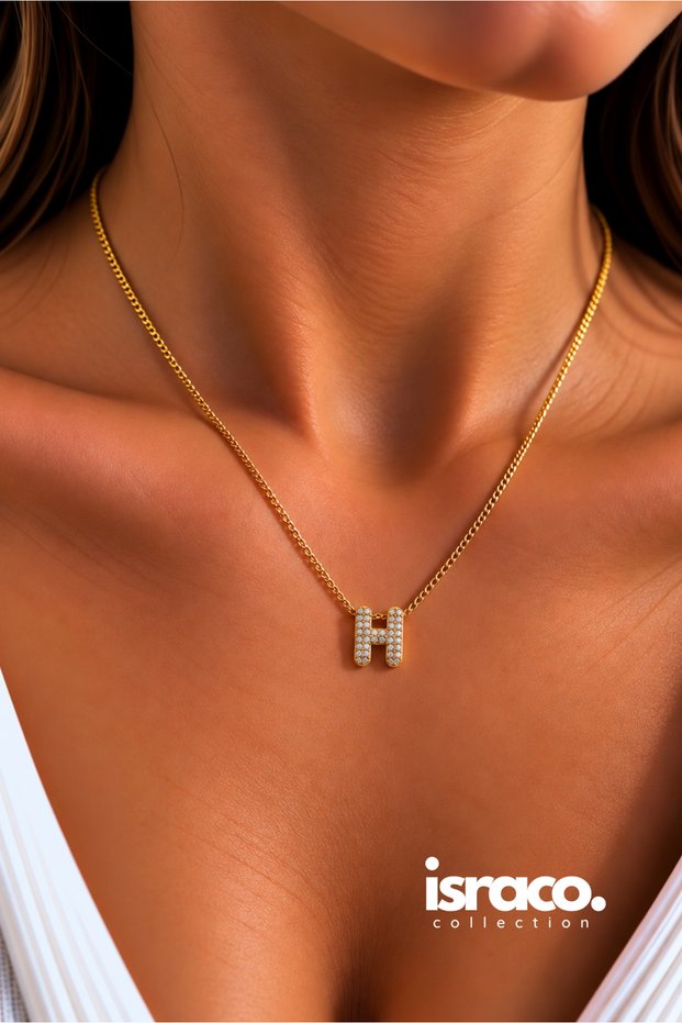 H Letter Zircon Stone Minimal Letter Necklace Steel