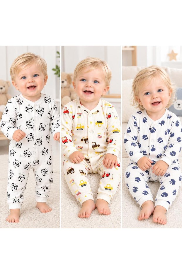 3-Piece Baby Romper Set Unisex Long Sleeve Patterned Baby Rompers