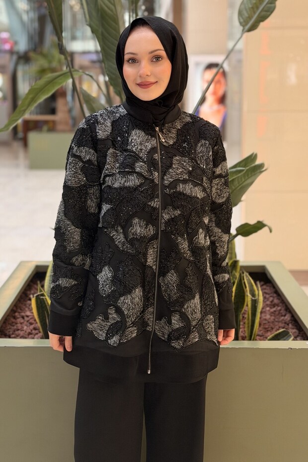 Fuat Gürşen Front Zippered Cap with Sequins and Beads Embroidered Pattern and Lining