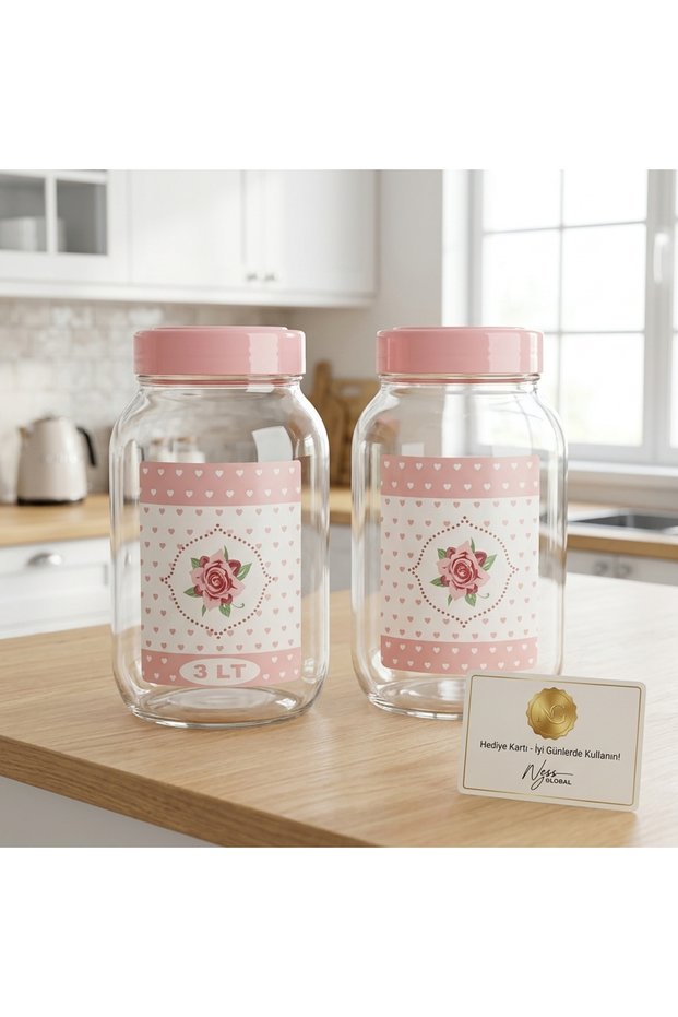 2-Pack 3 Lt Glass Jar Set - Leak-Proof Food Storage Jar with Pink Lids - Container for Pickles, Olives, Cheese, Tomato Paste, and Legumes