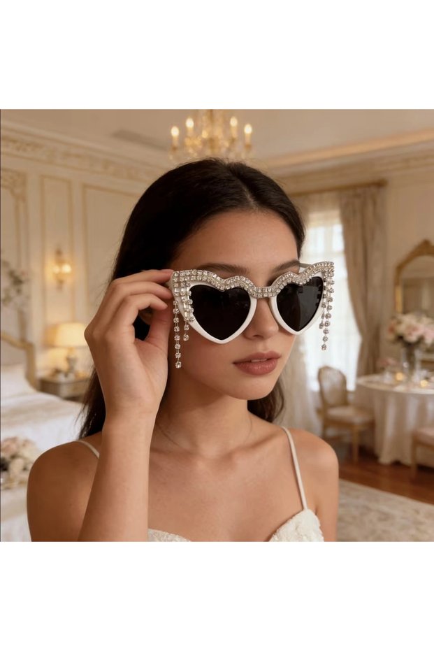 White Heart Sunglasses – with Rhinestones, Crystal Detailing, Bride to Be, Bachelorette, Birthday