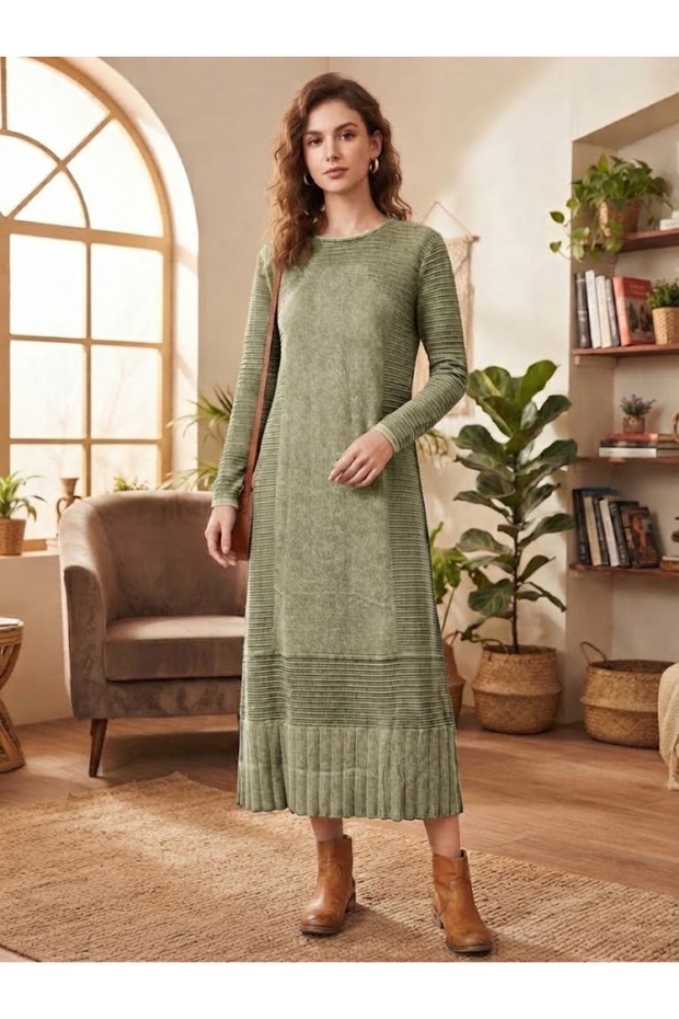 Women's Round Neck Casual 100% Cotton Knitwear Dress with Vintage Detail