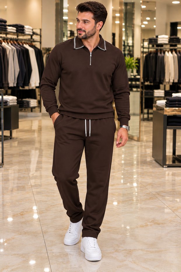 Men's Jogger Top and Bottom Set with Chain Collar and White Stitching Detail
