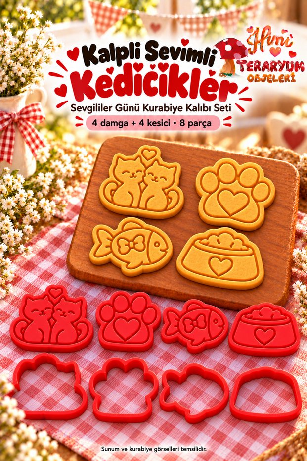 Cute Kittens with Hearts Valentine's Day Cookie Mold Stamp Cutter Set Cat Double Heart Paw Fish Food Container