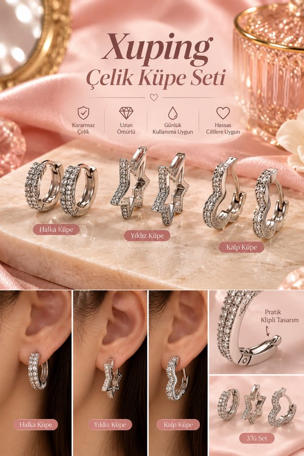 Steel Xuping Triple Earring Set Clip-On Vip Three Size Earring Set Three Pairs of Earring Set