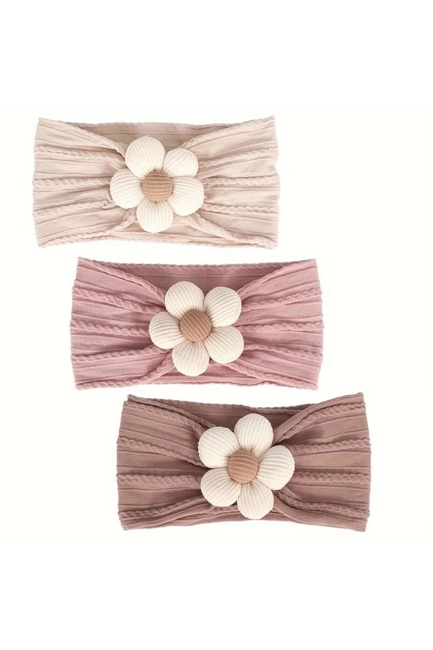 3-Piece Baby Girl Floral Headband Set – Soft Baby Headband with Flexible Knitted Pattern, Daisy Model