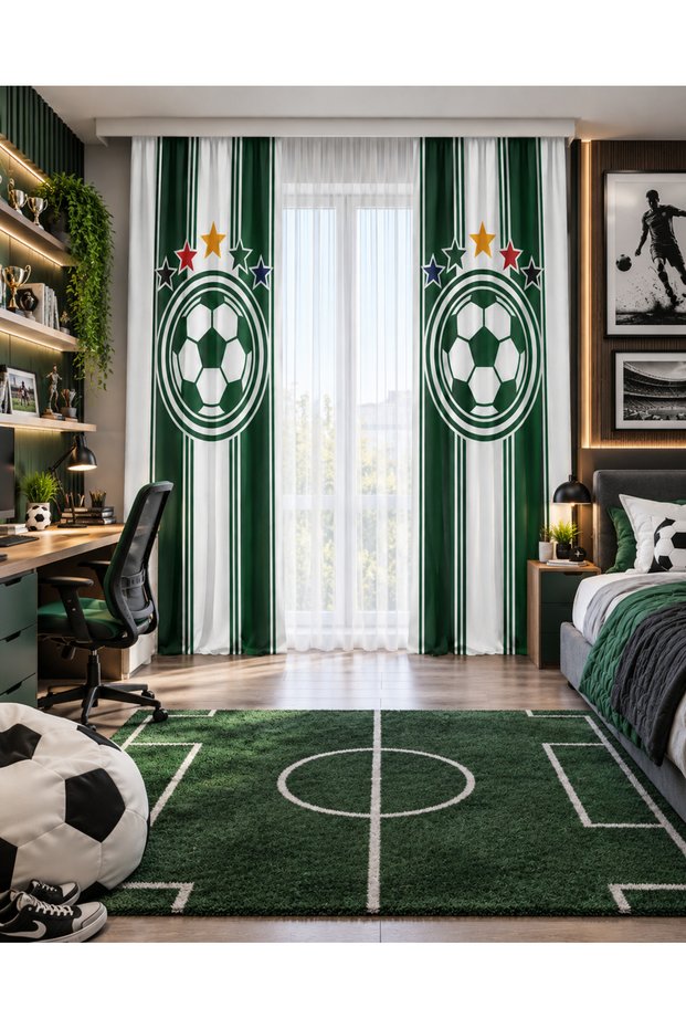 Green and White Football Ball Double Winged Background Curtain