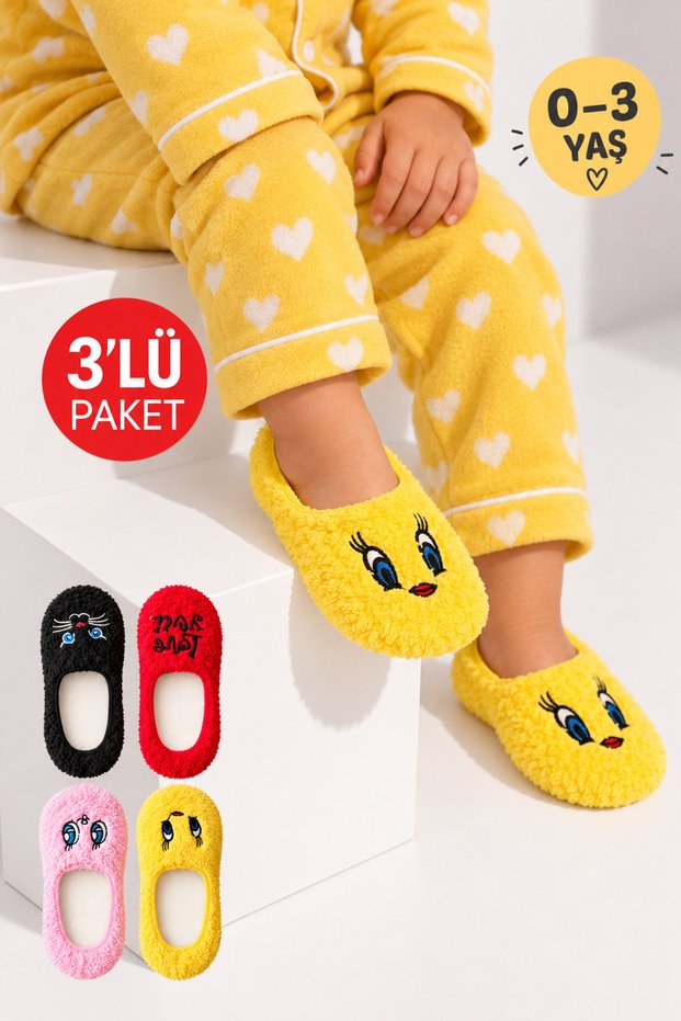 0-3 Years Old Baby 3-Pack Plush Home Socks – Cute Face Pattern, Soft, Warm Home Socks