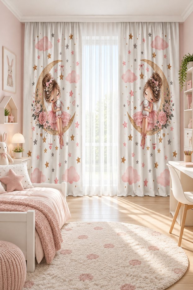 Rabbit Princess Flower and Star Pattern Double Winged Background Curtain