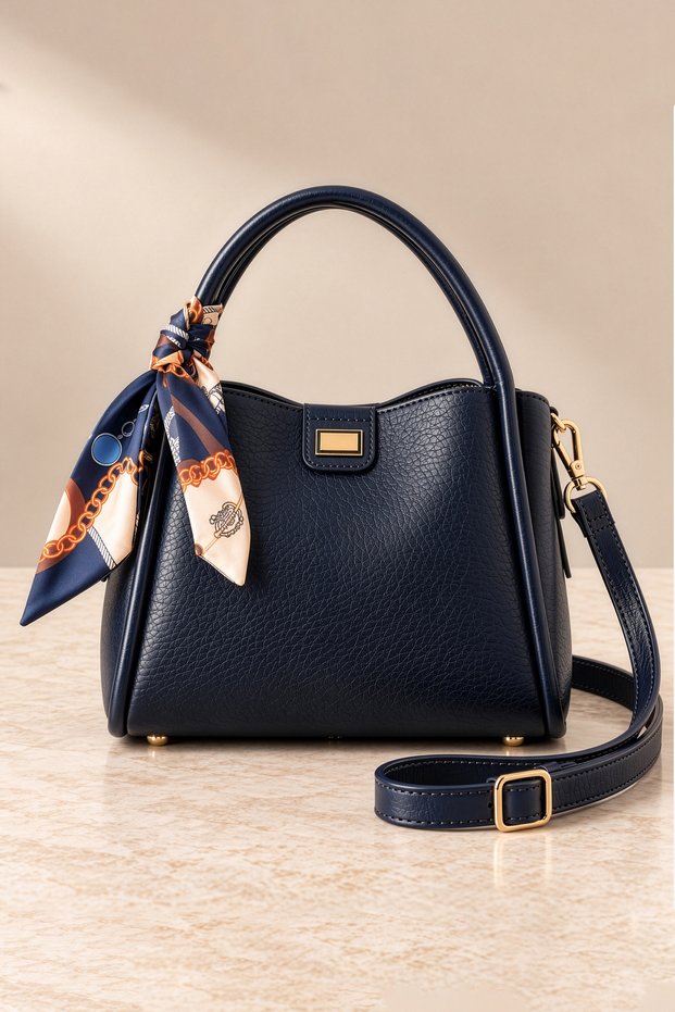 Women's Small Size 3-Compartment Stylish Hand and Shoulder Bag with Scarf (23X18 cm)