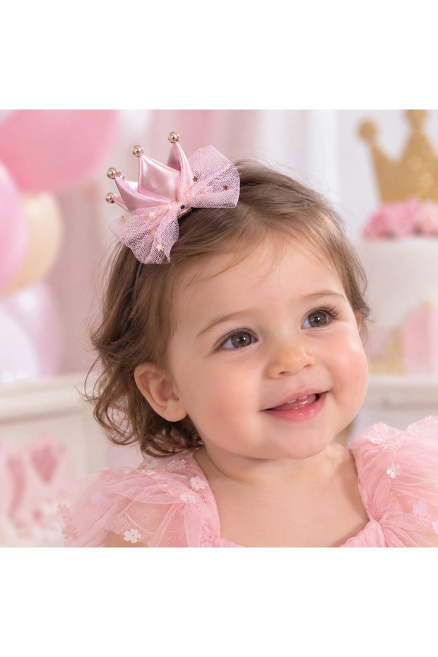Pink Mini Princess Crown – Girl's Queen Crown with Tulle Bow and Gold Ball Detail, for Birthdays and Parties