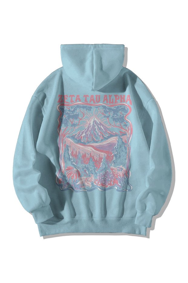 Baby Blue Women's Men's Oversize Hooded Kangaroo Pocket Zeta Tau Printed Sweatshirt Hoodie