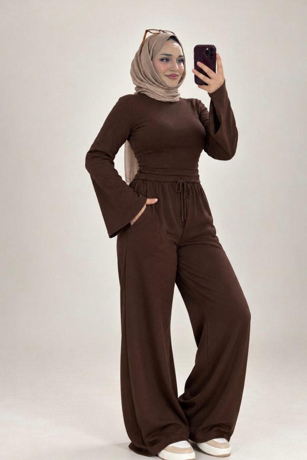 Women's Brown Drawstring Trousers and Tie-Back Fitted Blouse Two-Piece Set