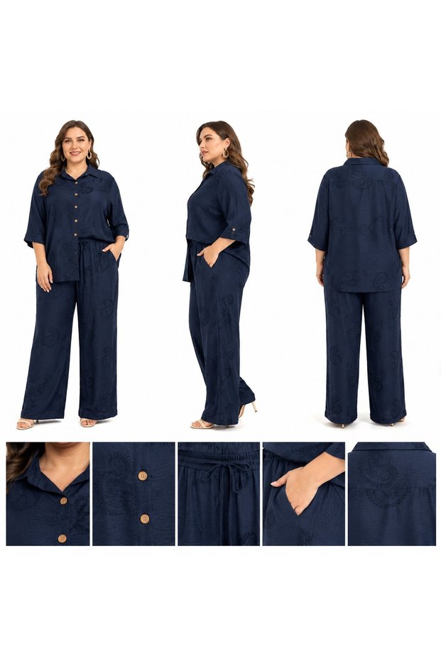 Plus Size Crochet-Detail Tunic with Pockets, Laces, Buttons, Trendy, Non-Seasonal, Seasonal Bottom-Up Top Set