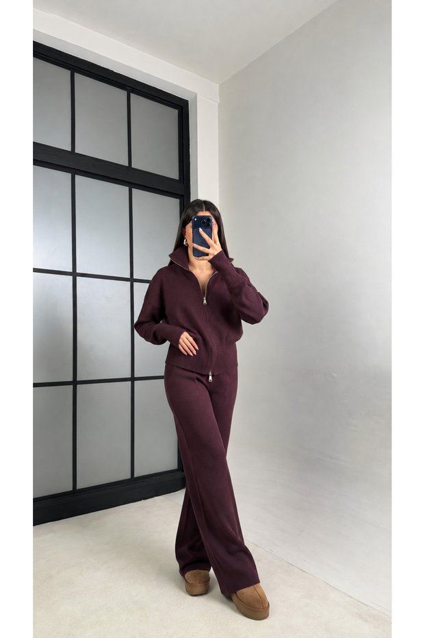 Women's Double Zipper Wide Leg Knitwear Set