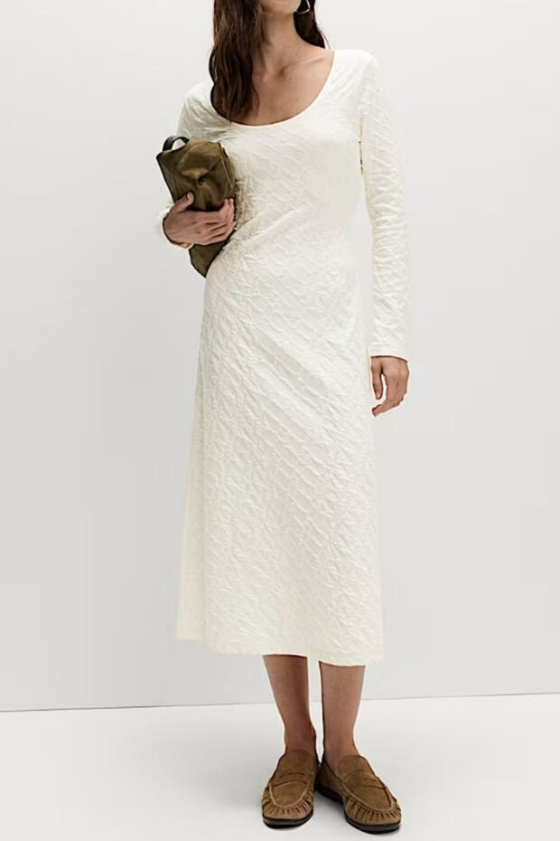 Ecru O-Neck Textured Midi Length Long Sleeve Dress