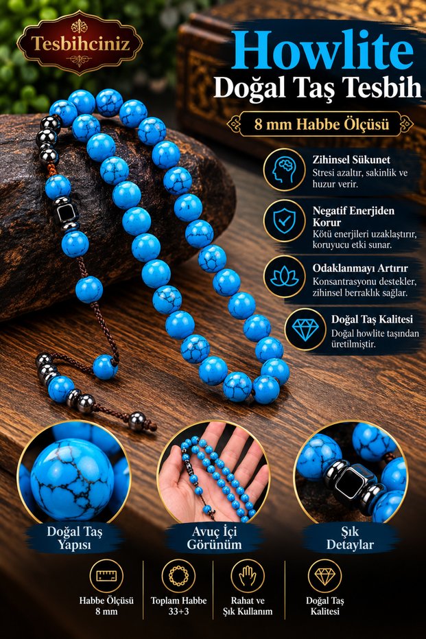 8 mm Turquoise Howlite Stone 33-Piece Natural Stone Prayer Beads