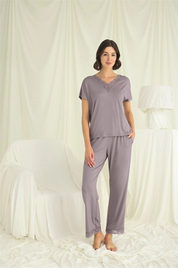 Short Sleeve V-Neck Lace Pajama Set