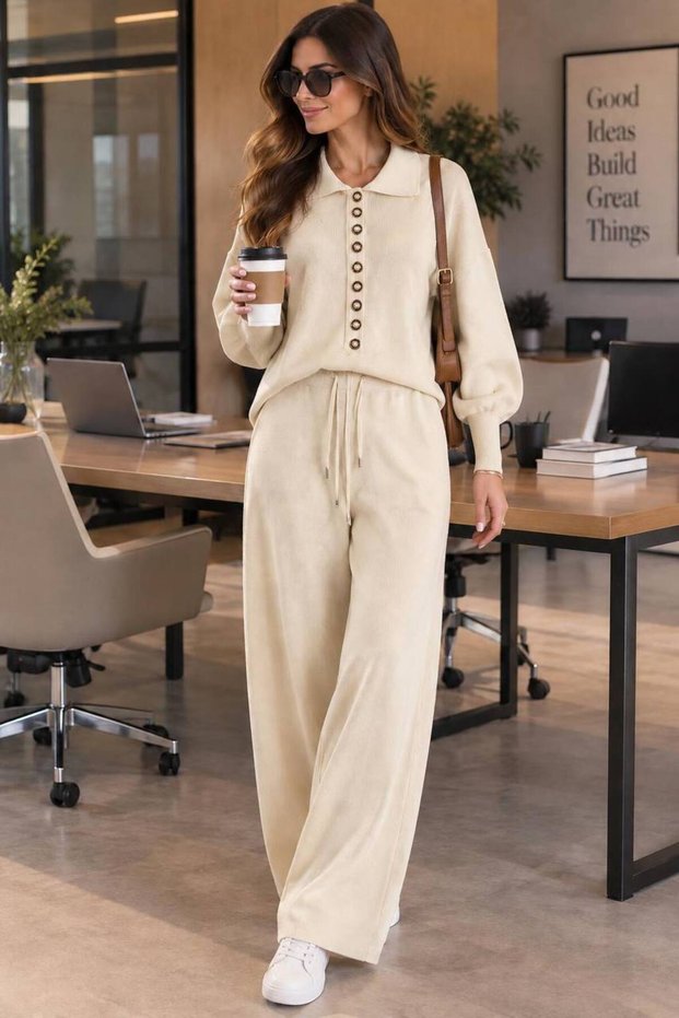 Polo Collar Knitwear Sweater Trouser Set