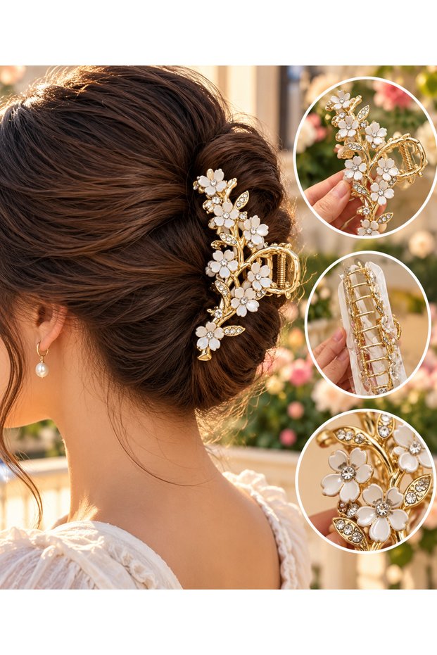 Sakura Cherry Blossom Motif Gold Hairpin with Pearls and Stones - Elegant and Stylish Women's Hair Clip
