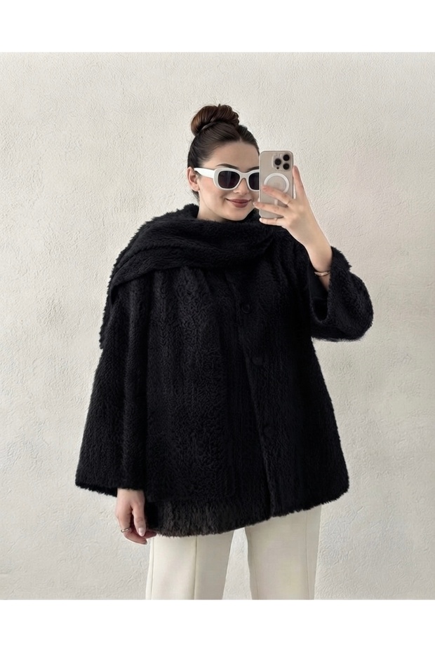 Plush Jacket with Scarf and Button Detail
