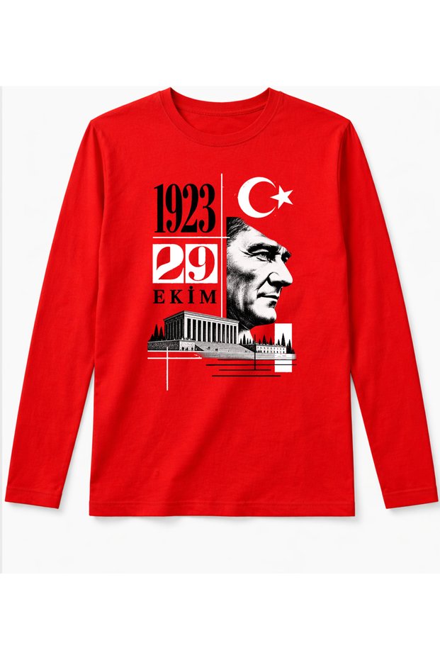 Long Sleeve 29 October Anıtkabir Ataturk and Moon Star Design Red T-Shirt