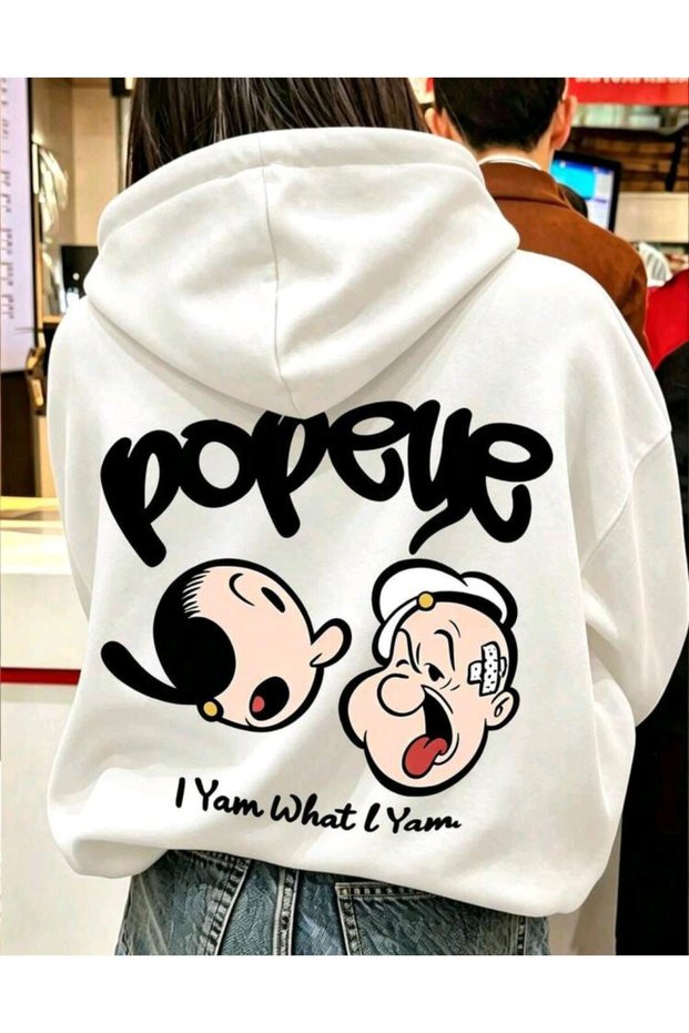 Unisex Popeye Printed 3-Thread Oversize Hooded Sweatshirt
