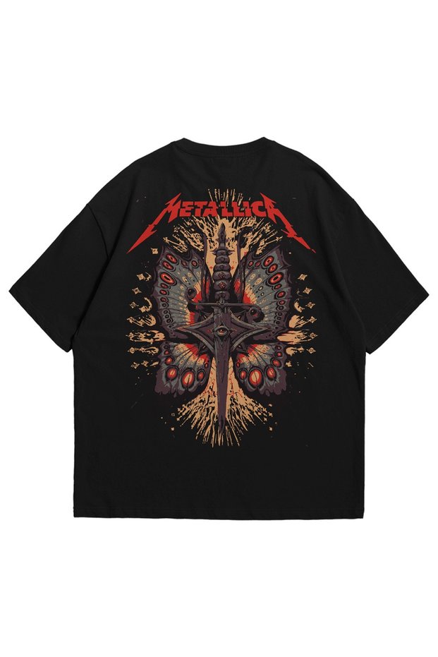 Women's Men's Black Butter Fly Metallica Printed Oversize Crew Neck Short Sleeve T-Shirt