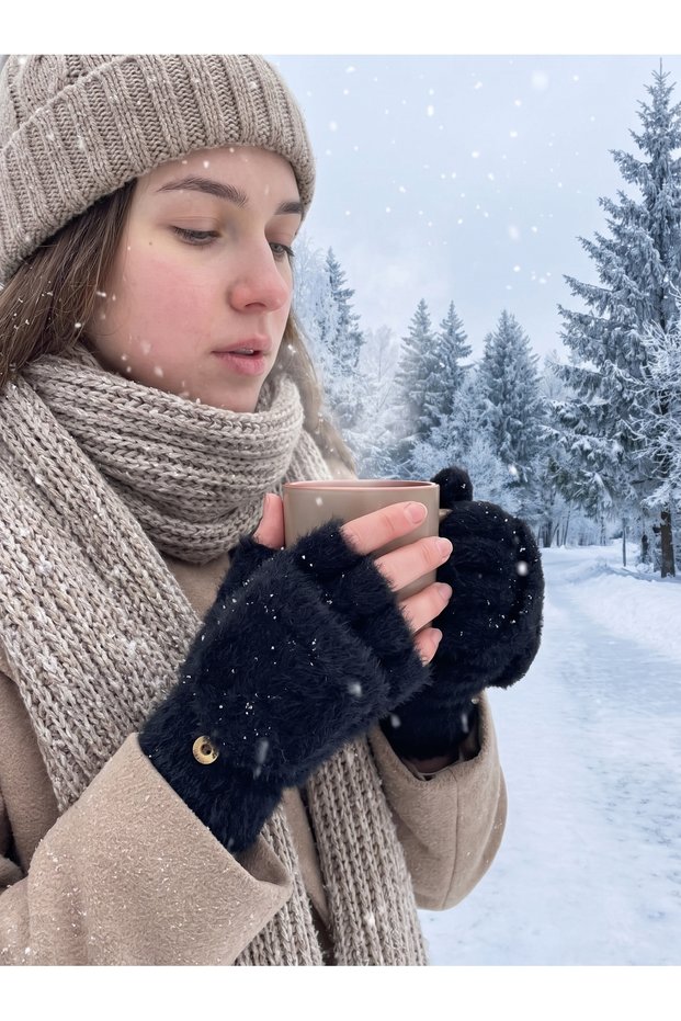 Trend Winter Women's Cut-Finger Plush Gloves - Thermal Hand Warmers with Flip-Cover and Button Detail