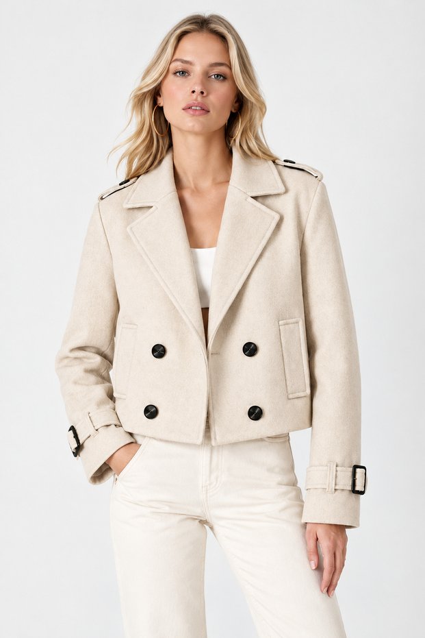 Agli̇mmer Zr Women's Double-Breasted Collar Sleeve Belt Detailed Comfortable Fit Short Cashmere Coat