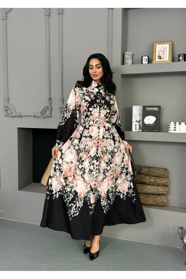 Women's Floral Patterned Belted Long Dress