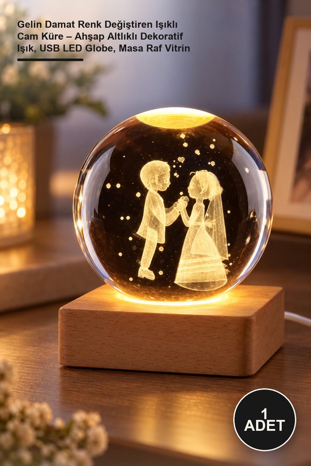 1 Piece Bride and Groom Color Changing Lighted Glass Globe - Decorative Light with Wooden Base, USB Led Globe, Table Shelf Display