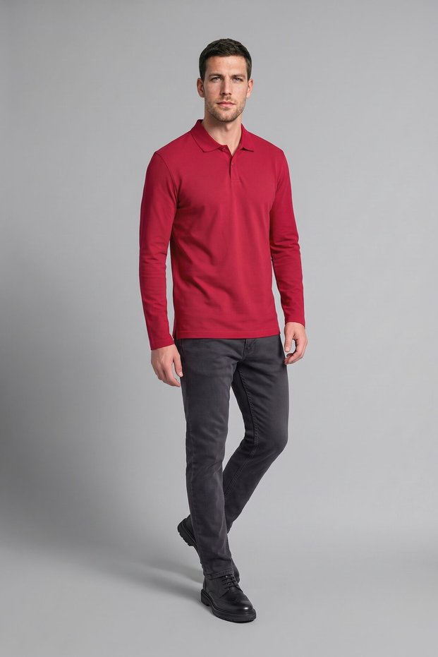 100% Cotton Regular Fit Polo Collar Pique Long Sleeve Basic T-Shirt J1274Ax26Wn