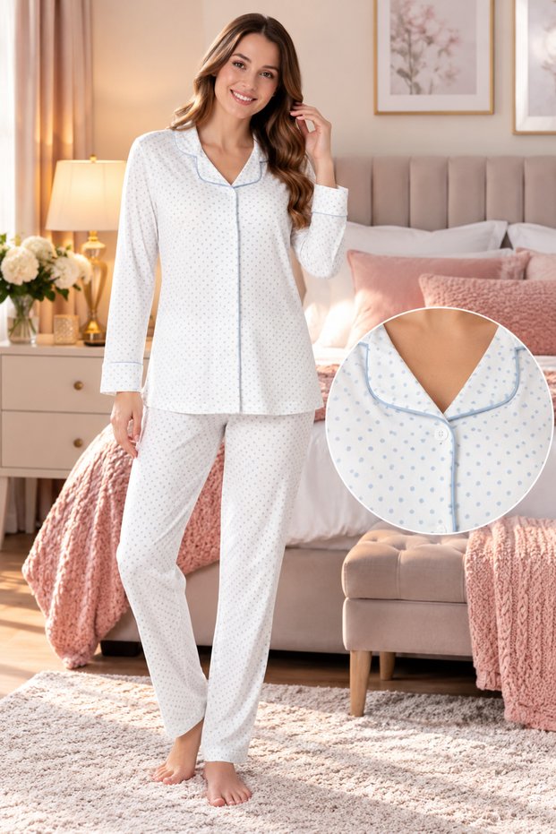 Front Buttoned Polka Dot Long Sleeve Pajama Set Effortt