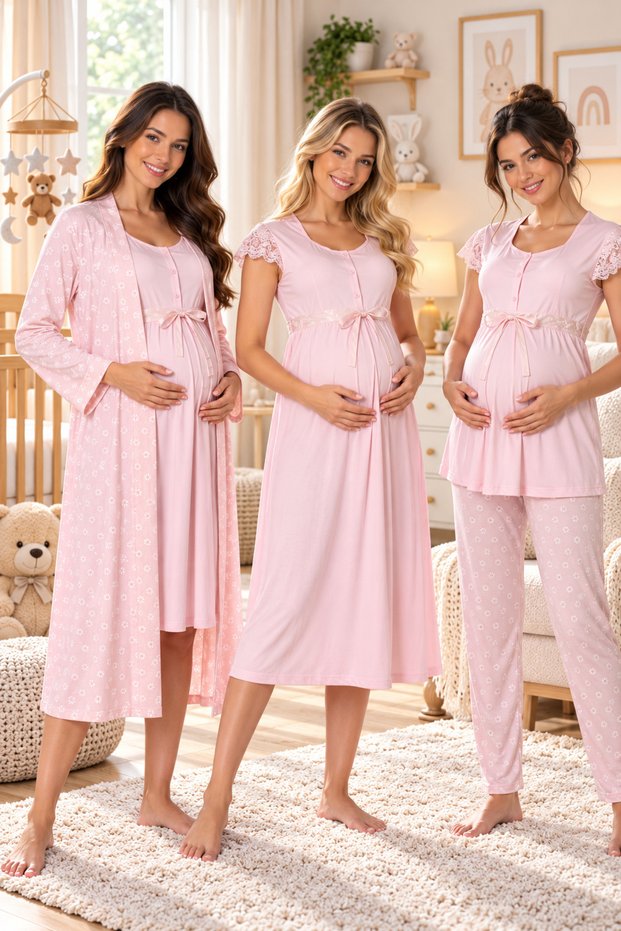 Maternity Nursing Nightgown and Pajama Set with Features of a Dressing Gown, 4 Piece Set Effortt