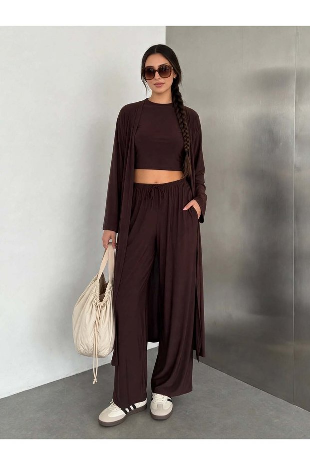 Women's Comfort Sandy Fabric Three-Piece Ensemble (Cardigan, Crop Pants)