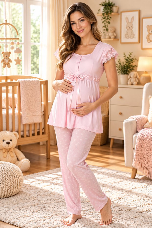 Maternity Short Sleeve Adjustable Waist Elastic Pajama Set Effortt
