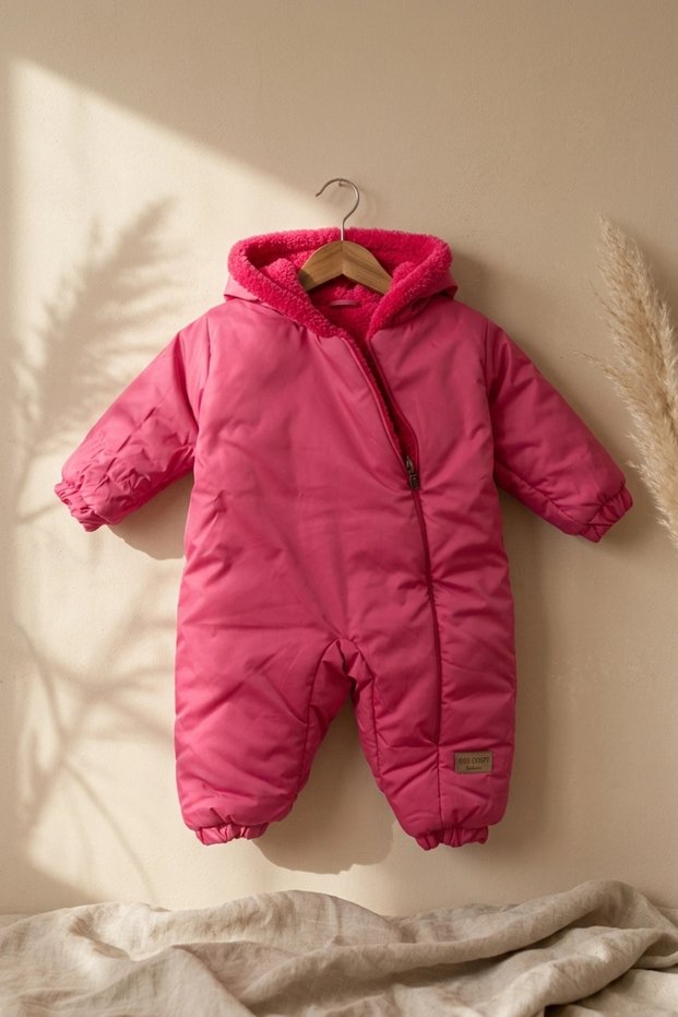Miss Grap Premium Pink Lined Hooded Baby Cosmonaut Jumpsuit - Winter Waterproof Baby Snow Outfit