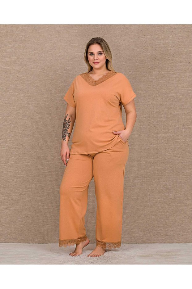Short Sleeve Lace Detailed Plus Size Pajama Set