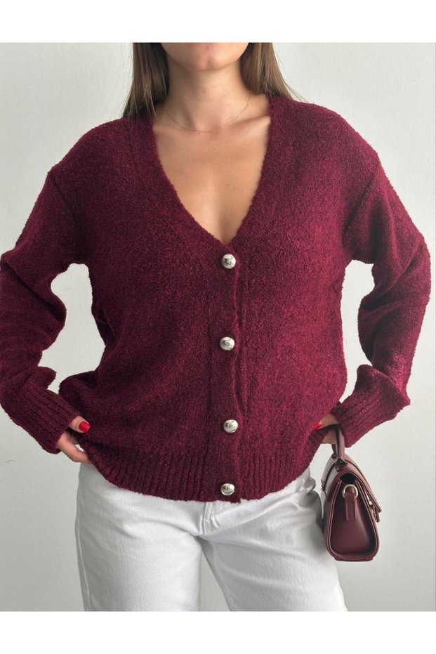 Women's Gold Buttoned V-Neck Knitwear Casual Mother Cardigan