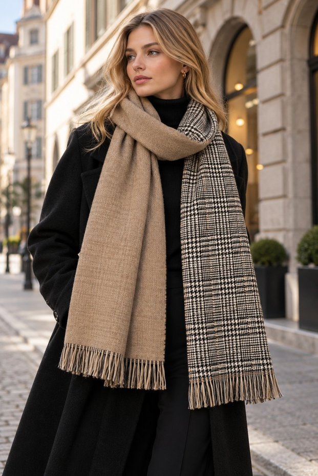 Zurich | Double-Sided Plain Mink Beige and Houndstooth Plaid Patterned Black and White Oversized Winter Shawl Scarf Shoulder Wrap | 76 X 190 cm | Soft Textured, Tasseled