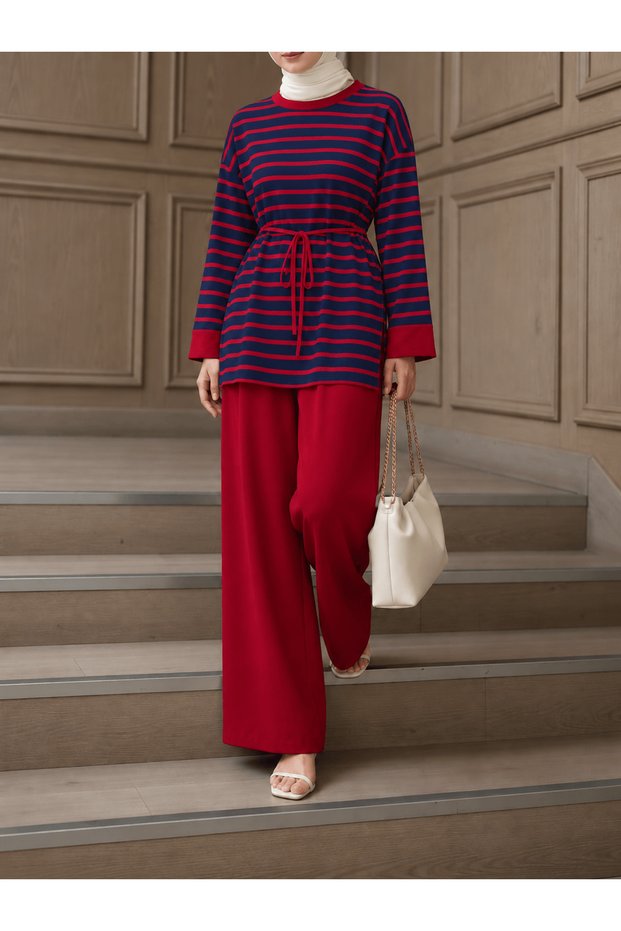 Striped Trouser Suit - 0221 - Red & Navy Blue