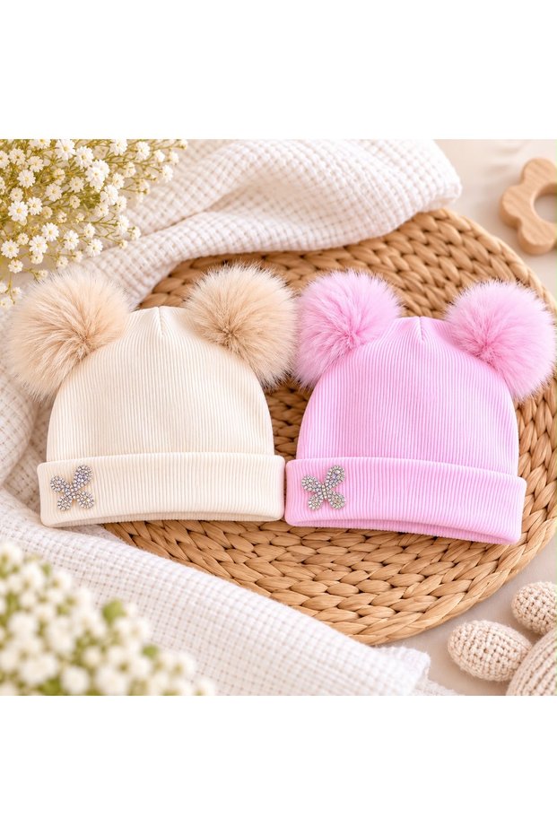 Double Pompom and Stoned Baby Girl Camisole Beanie – Winter Hat with Ecru and Pink Color Options