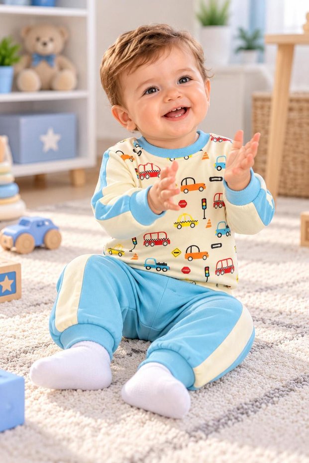 Baby Boy Car Patterned Blue Striped 2-Piece Tracksuit Set